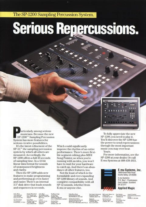 A hand plays the SP-1200 pads beneath the Serious Repercussions headline; a front-view inset accompanies the sales text.