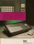 Linn 9000 advert pairing a control-panel detail with an angled machine photograph and magenta text panel.