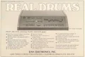 The LM-1 beneath large outlined REAL DRUMS lettering, with a three-column feature list and Linn Electronics address.