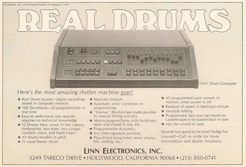 The LM-1 beneath large outlined REAL DRUMS lettering, with a three-column feature list and Linn Electronics address.
