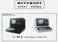 Movement advert with two views of its monitor-and-keyboard Percussion Computer and a printed price.