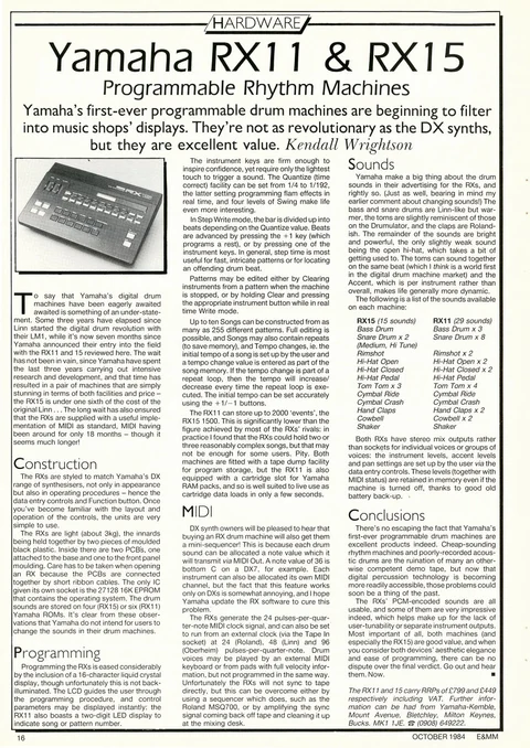 Magazine review page with a Yamaha rhythm-machine photograph above three columns of text.