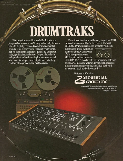 Drumtraks and a reel-to-reel recorder arranged inside a drum-shell composition with white sales lettering on black.