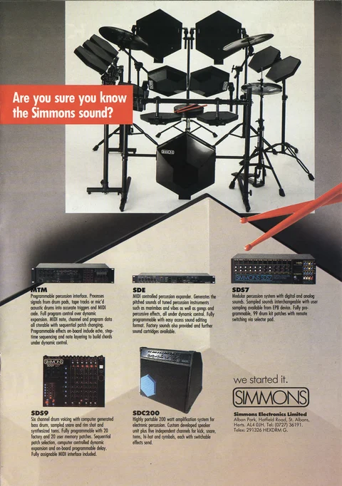 Simmons range advert pairing a hexagonal-pad kit with SDS7 and SDS9 module photographs.