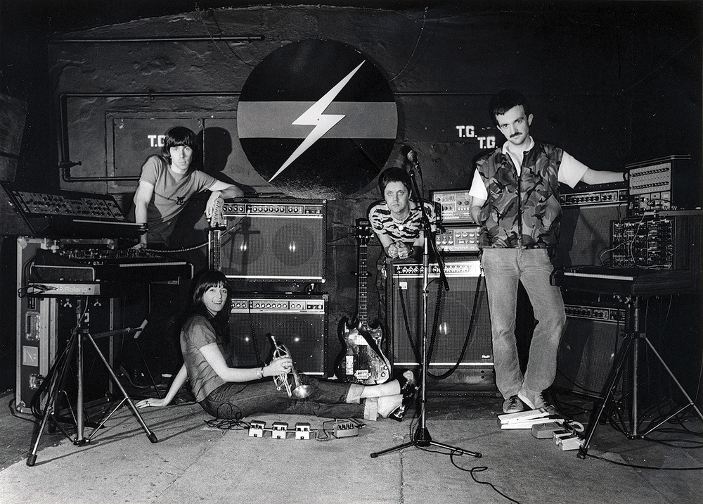 Throbbing Gristle in their studio: Chris Carter, Cosey Fanni Tutti, Genesis P-Orridge and Peter Christopherson.