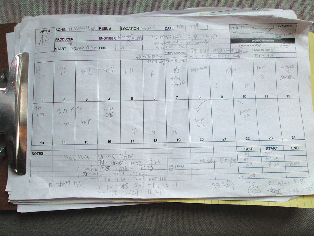 Track sheet for Arcade Fire’s Flashbulb Eyes basic session.