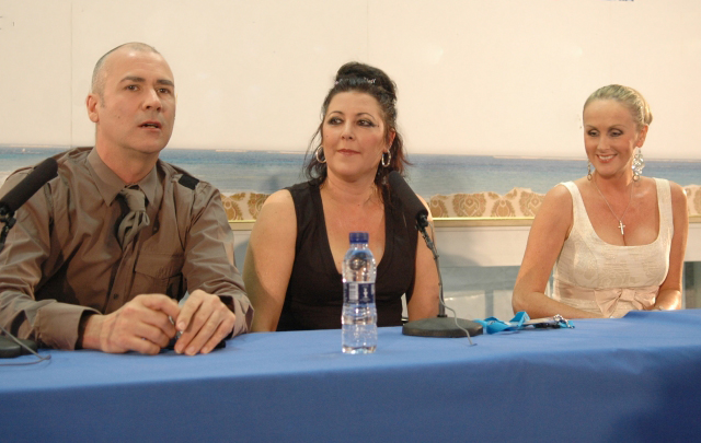Susan Sulley, Philip Oakey and Joanne Catherall of the Human League at a 2007 Q&A in Valencia.