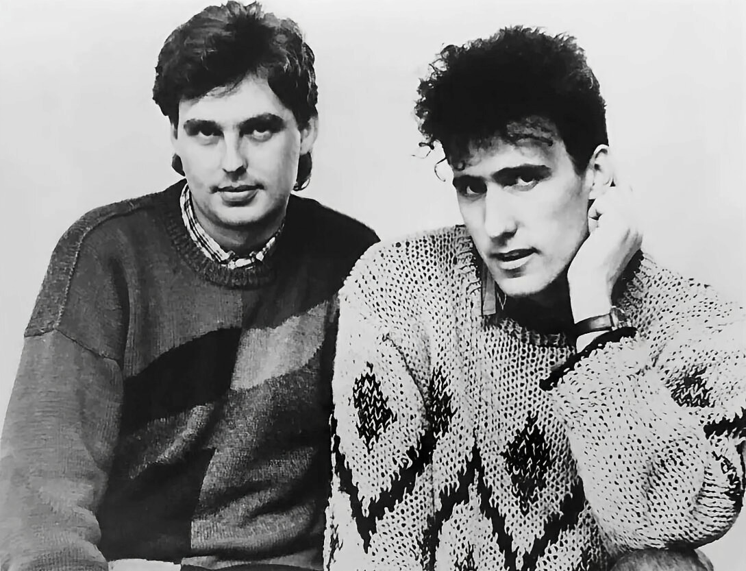 Orchestral Manoeuvres in the Dark press photograph from 1985, showing Paul Humphreys and Andy McCluskey.