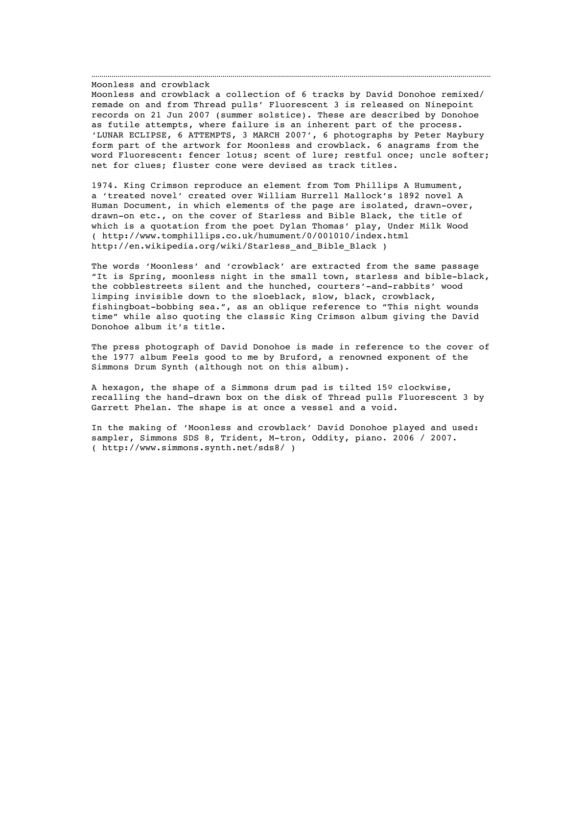 David Donohoe’s Moonless and crowblack press-release page naming the Simmons SDS 8.