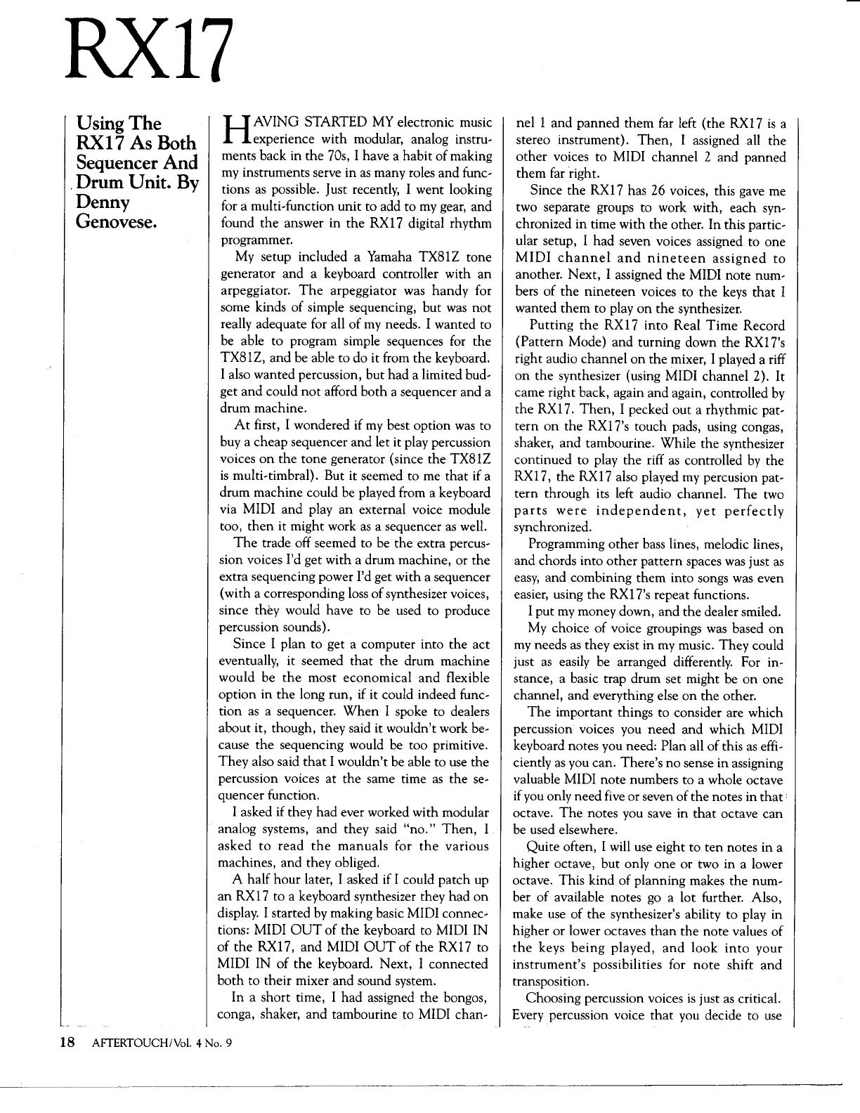 Denny Genovese’s 1988 AfterTouch article, “Using The RX17 As Both Sequencer And Drum Unit.”