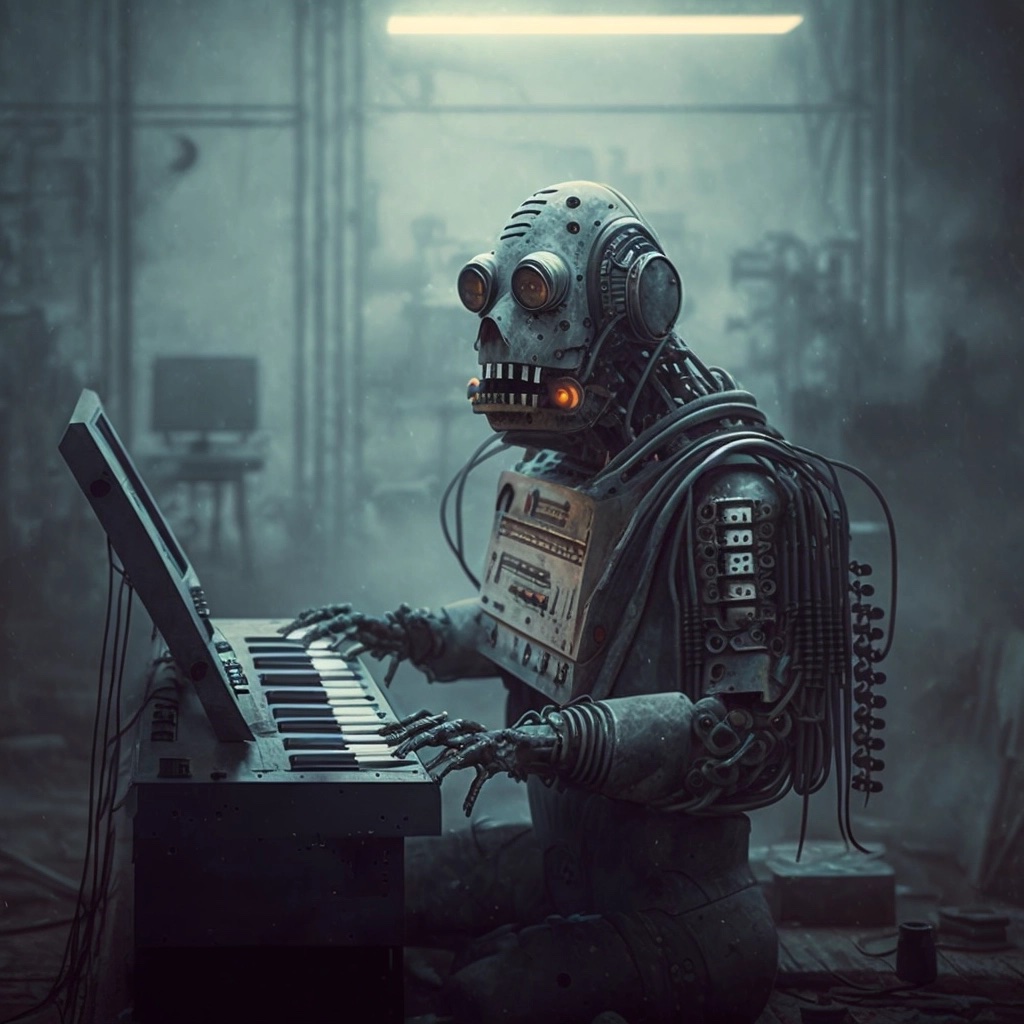 Illustrated robot playing a keyboard.