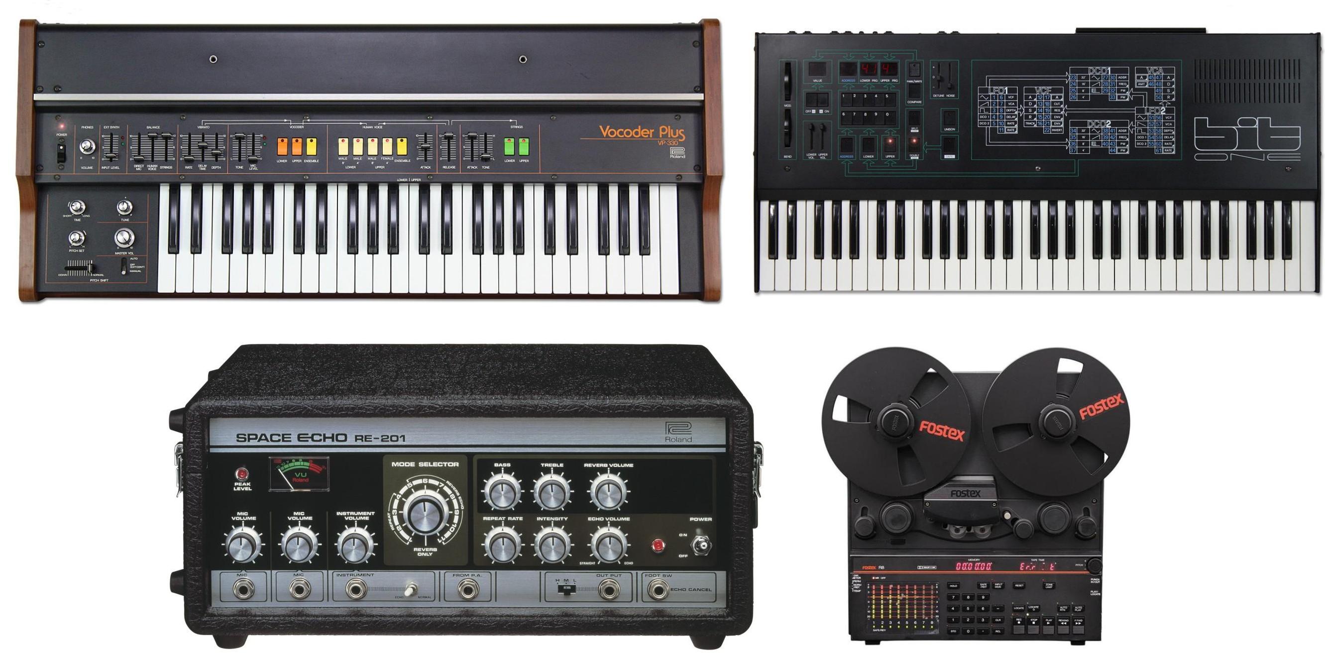 A four-part equipment montage: Roland VP-330, bit One, Roland RE-201 and a Fostex recorder.