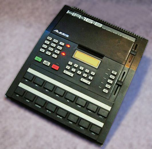 Black Alesis HR-16B photographed from above at an angle, with the HR16:B model marking visible.