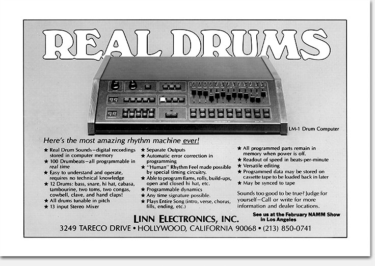 Black-and-white Real Drums advertisement