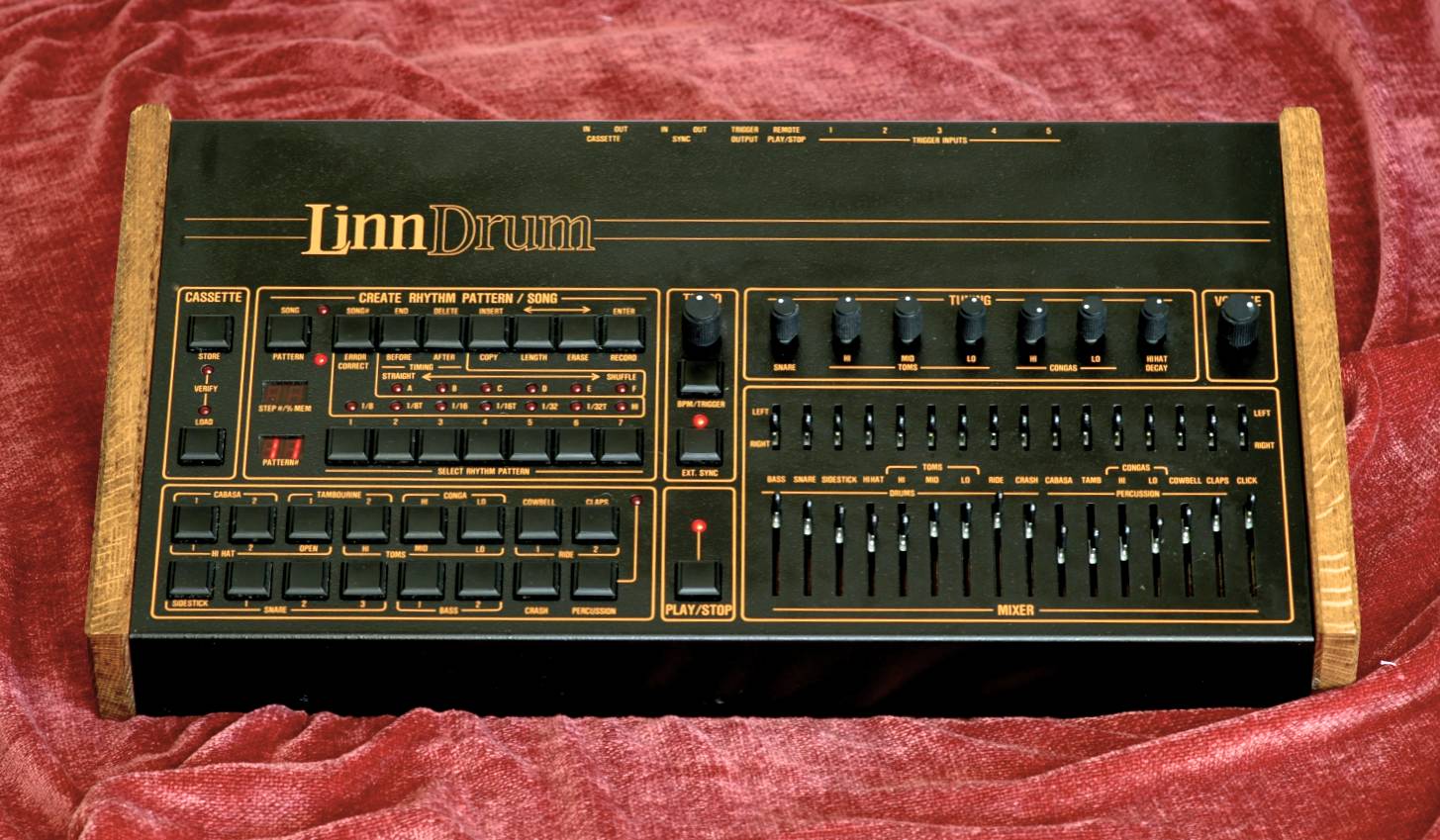 LinnDrum front-panel photograph hosted by Roger Linn