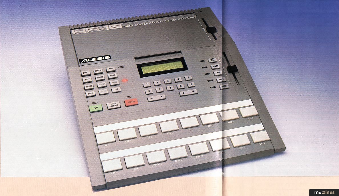Alesis HR-16 with its complete wedge-shaped case, display and two rows of drum pads. Period magazine photograph.