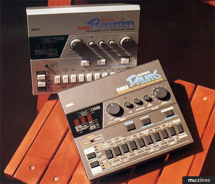 Korg DDM-110 Super Drums in foreground, with DDM-220 Super Percussion behind