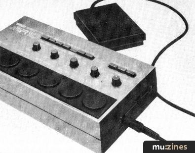 March 1983 photograph of the MR10 finger pads, rhythm controls and optional kick pedal; the original photograph crops the left edge of the machine.