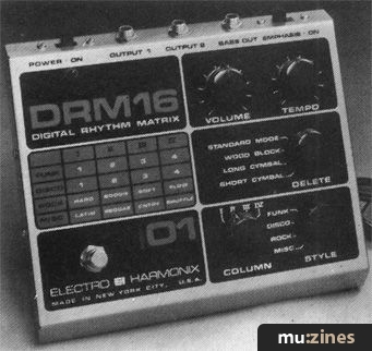 Electro-Harmonix DRM16 with its rhythm chart, selectors, volume and tempo knobs.