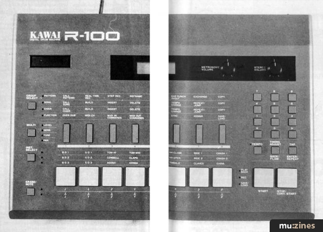 Kawai R-100 front panel, display, function matrix and eight playing pads in a monochrome magazine photograph, with the printed fold visible.