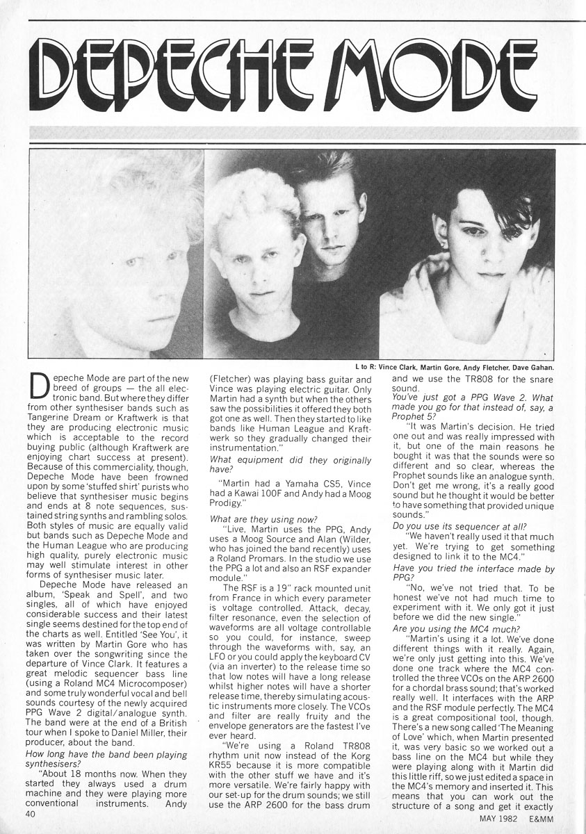 First page of a May 1982 Electronics & Music Maker Depeche Mode interview, with a period group photograph.