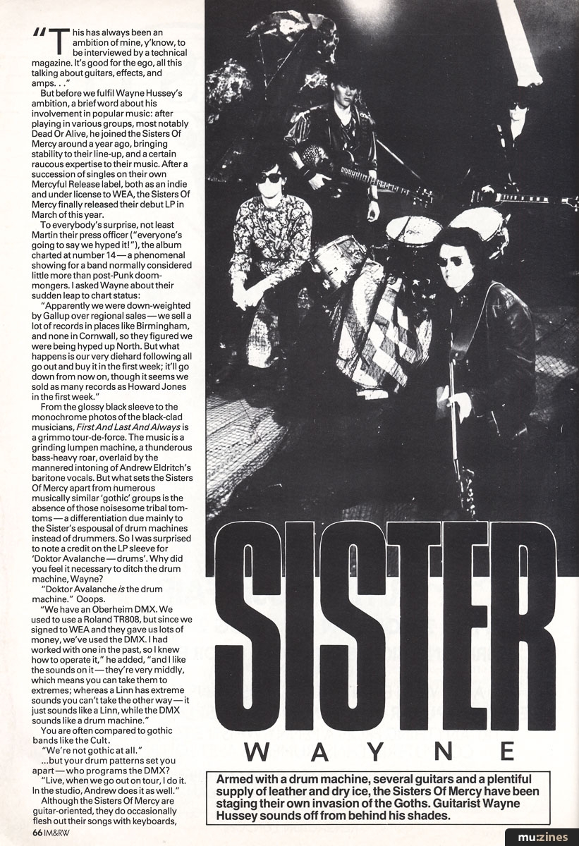 First page of the 1985 International Musician interview with Wayne Hussey of the Sisters of Mercy.