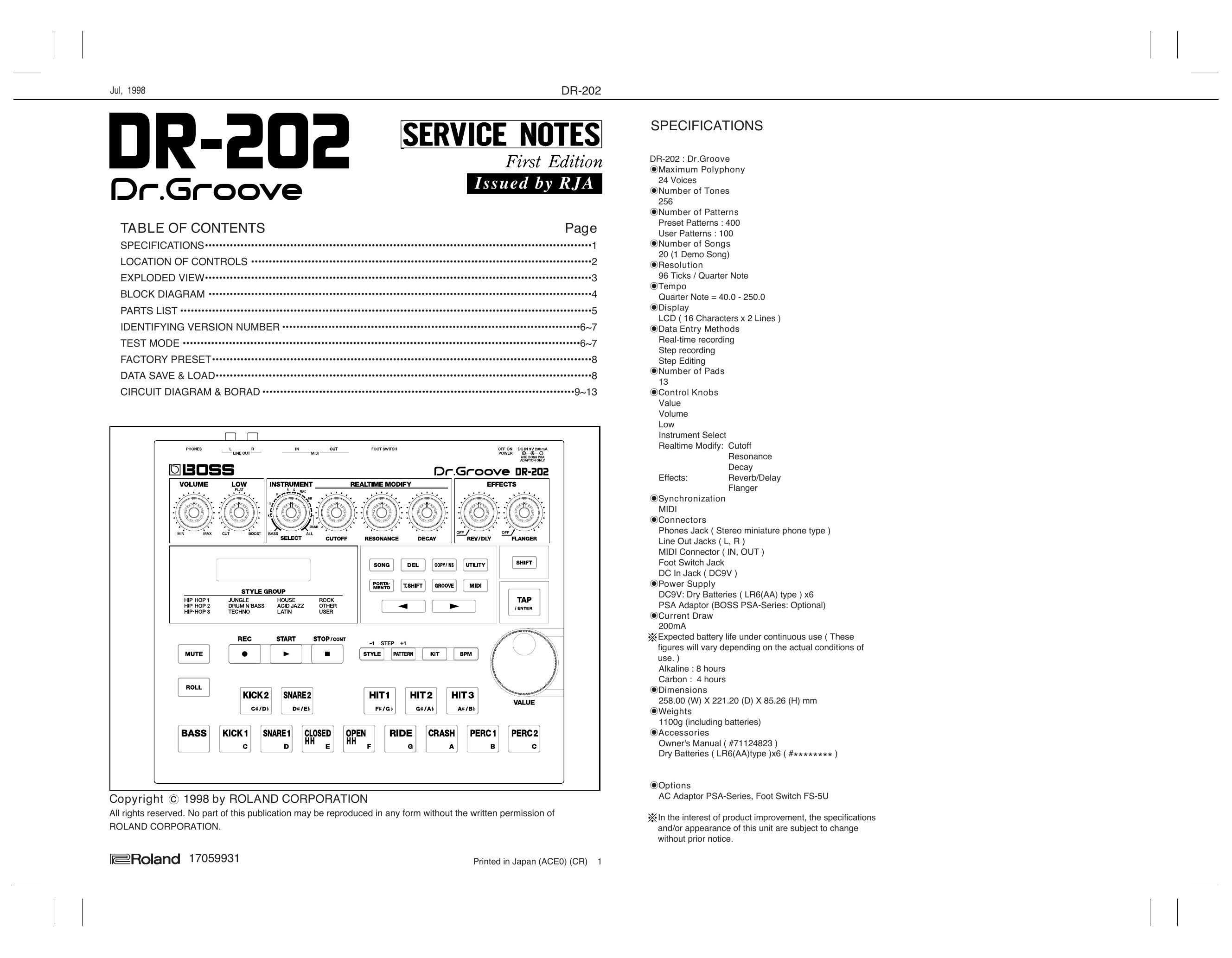 BOSS DR-202 Dr. Groove service manual