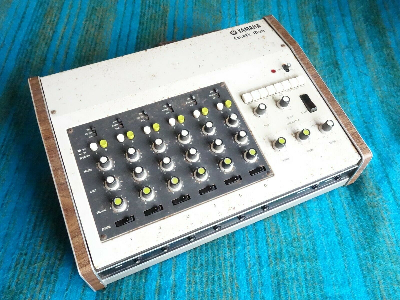 Yamaha EM-90 surviving instrument, with six mixer channels and the Auto Rhythm controls at the right. Photograph recorded by Matrixsynth in 2019, not a recording session.