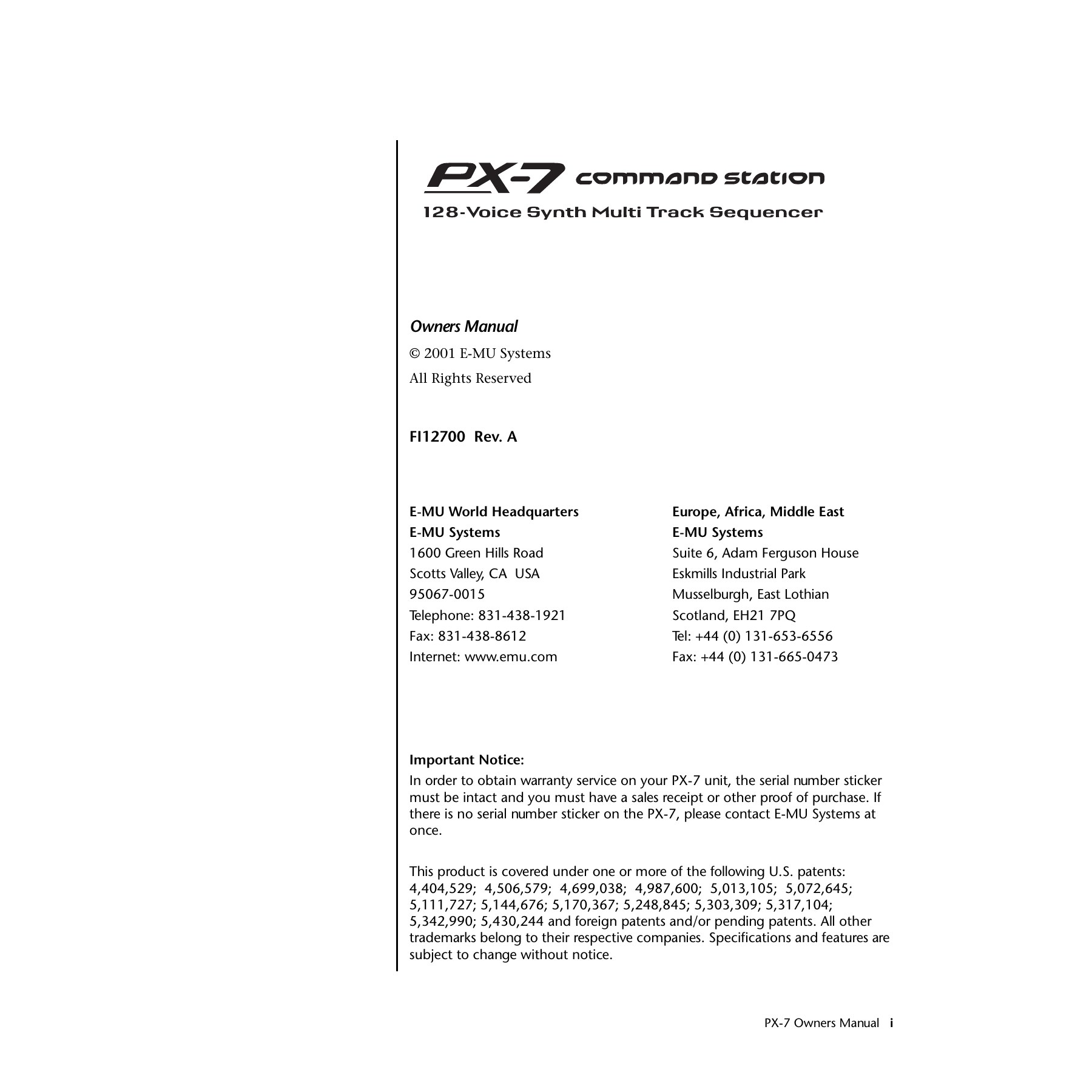 E-MU PX-7 Operation Manual, Rev. A