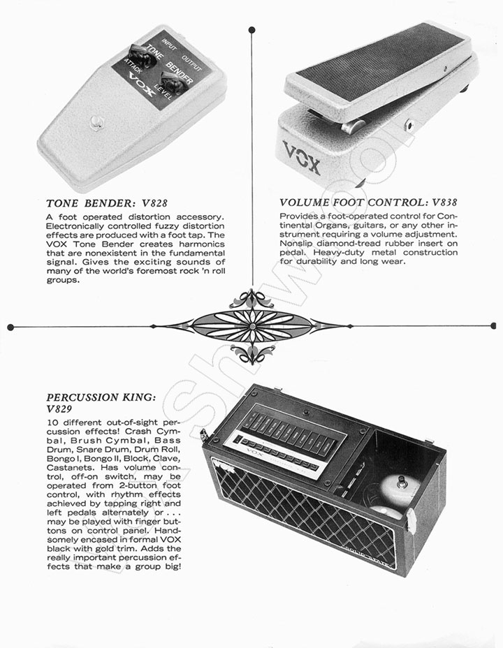 Vox V829 Percussion King case and percussion controls, excerpted from the 1968 catalogue. Full catalogue available for inspection.