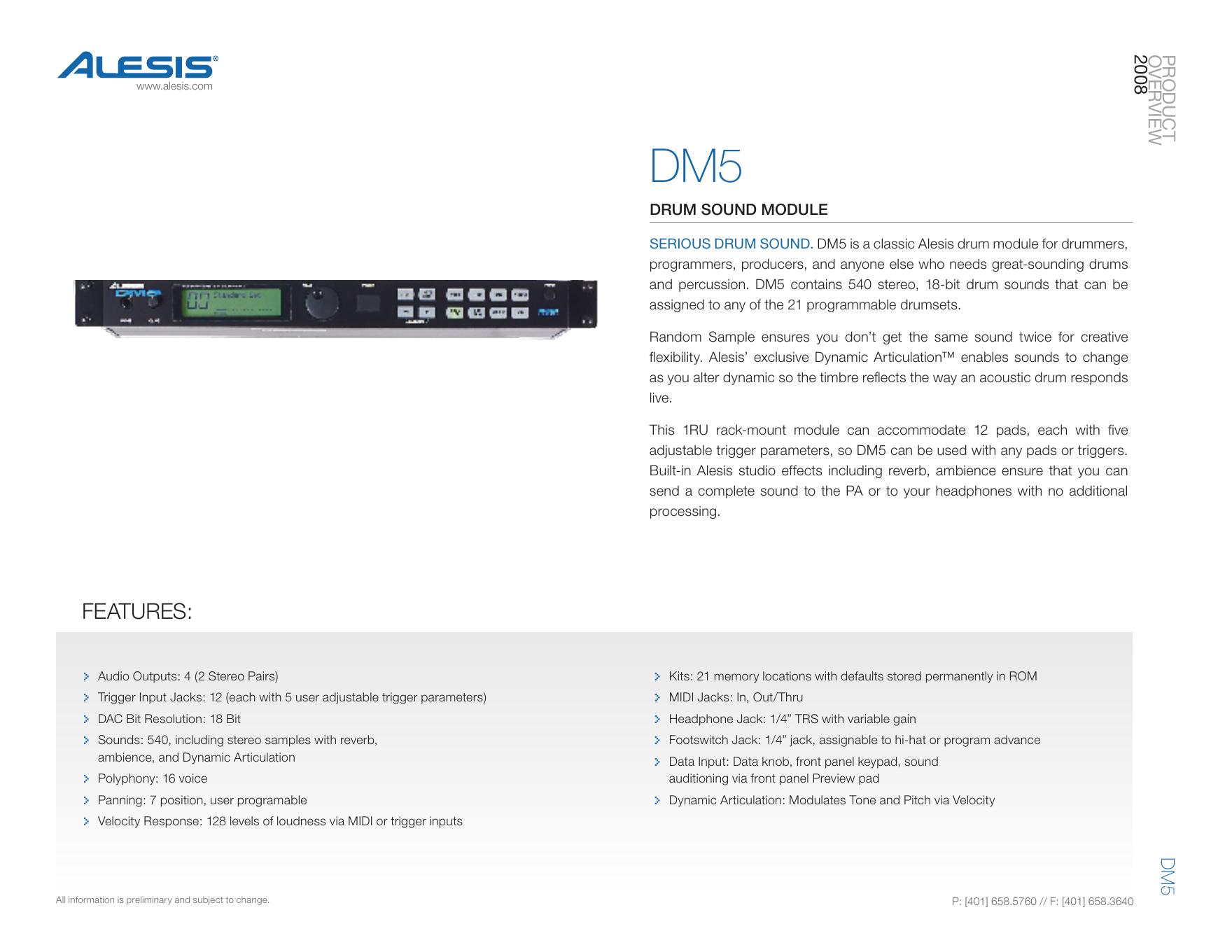 Complete Alesis DM5 rack front panel from the 2008 product sheet.