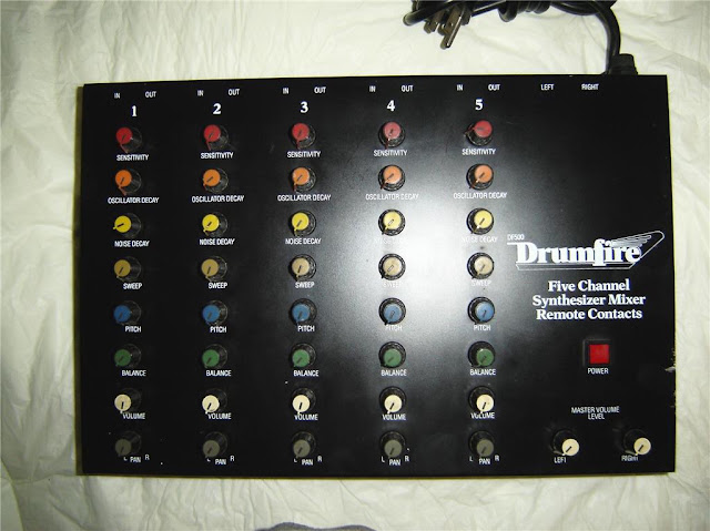 Drumfire DF-500 front panel showing five control strips and channel inputs and outputs.