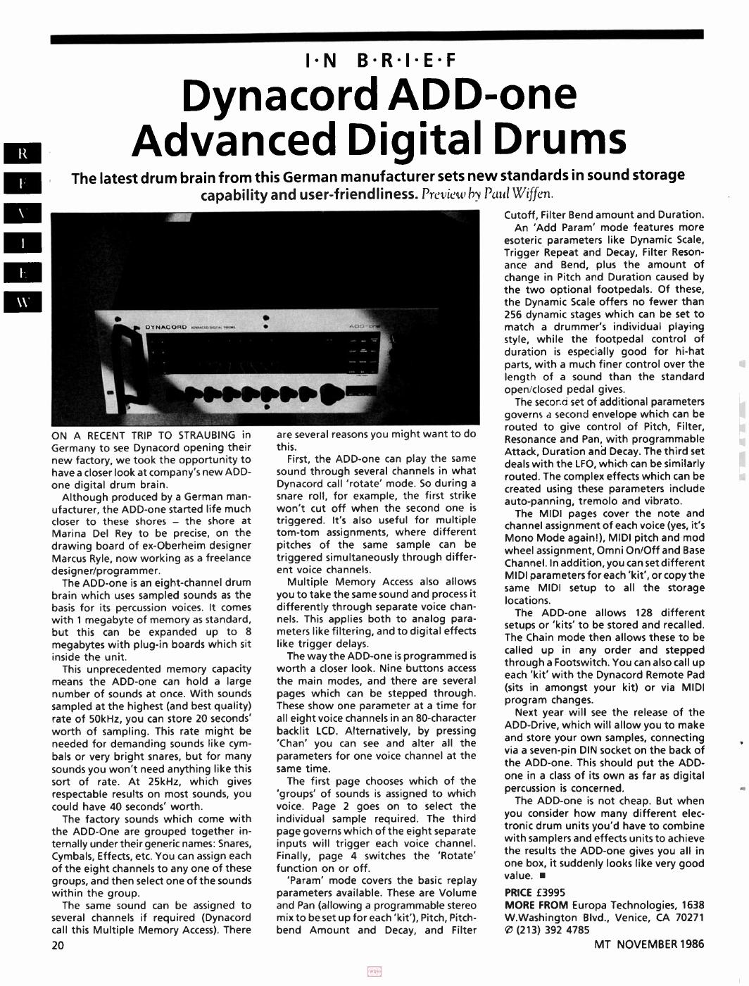 Dynacord ADD-one in Music Technology, November 1986