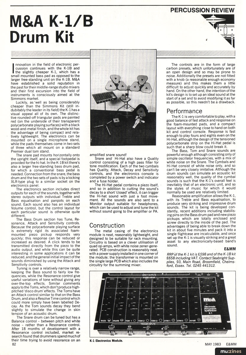 M&A K-1/B kit photograph in Electronics & Music Maker, May 1983, p.82. The page distinguishes the K-1 and K-1B bass-pad configurations.