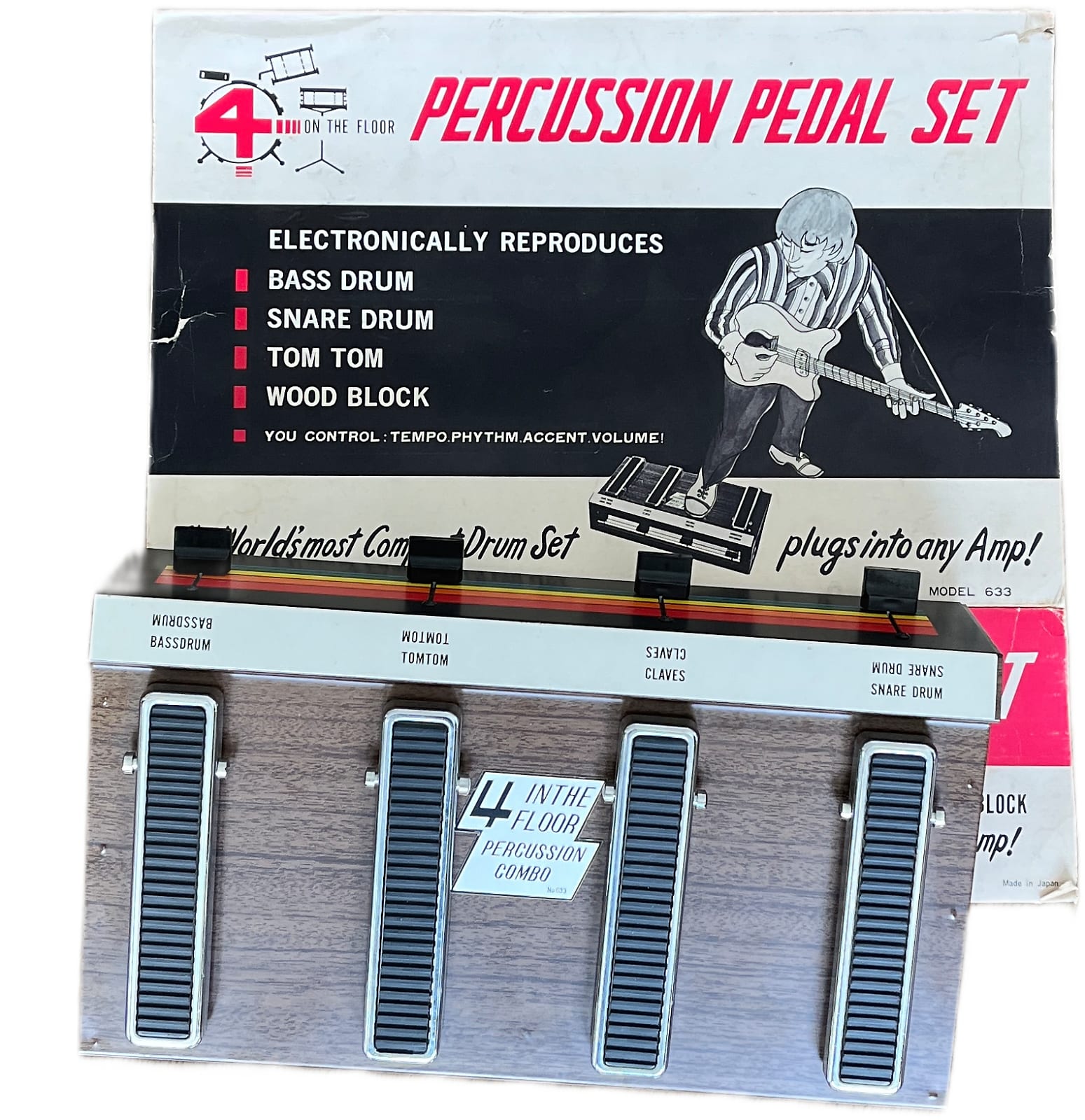 4 In The Floor Percussion Combo with its Model 633 carton. Matrixsynth survivor photograph, 2023.