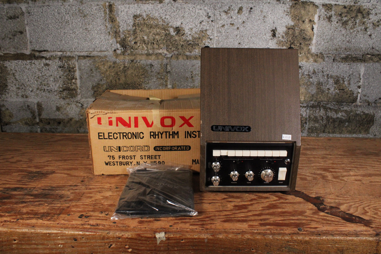 Univox SR-55 with its original box and cover. Uhlik Music surviving-unit photograph.